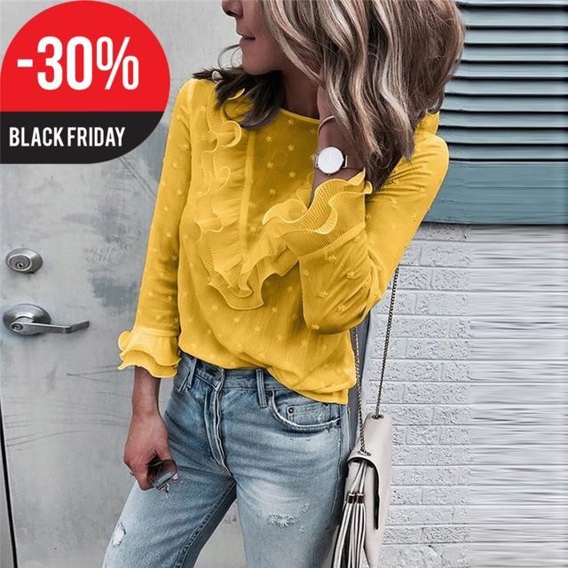 2019 Feitong White Blouse Women Spring Summer Ruffles Ladies Casual Lace Polka Dot O Neck Shirt Long Sleeve Tops Blusas Female#B