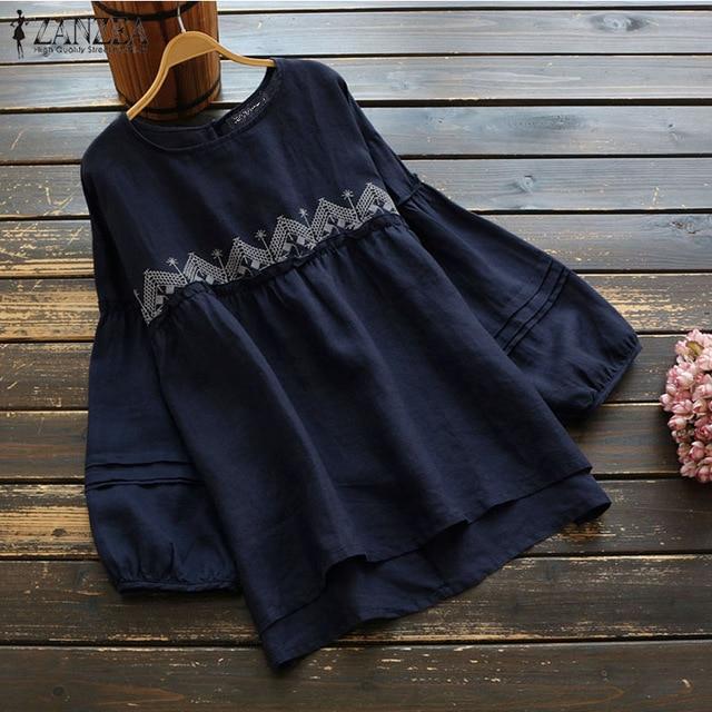 ZANZEA Spring Long Sleeve Ruffles Tops Women Vintage Embroidery Blouse  Casual O Neck Cotton Linen Blusas Femininas Shirt Mujer