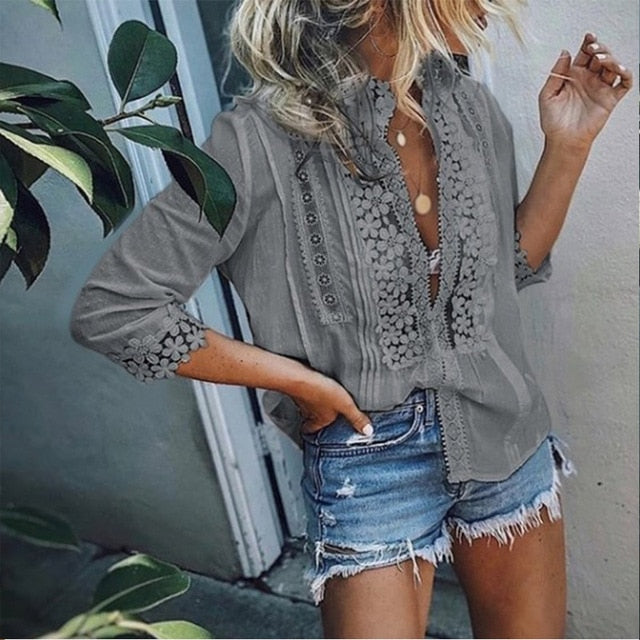 Women's Lace Ruffled Shirts Plus Size 5XL 3/4 Sleeve Patchwork Office Lady Women Tops and Shirt 2020 Spring Summer Top Female