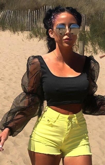 New Women Mesh Sheer Blouse See-through Lantern Long Sleeve Blouse Fashion Pearl Button Transparent White Shirt Female Blusas