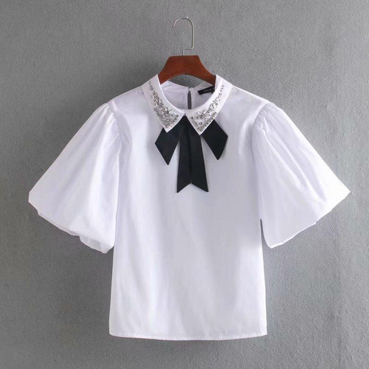 2020 spring women simply bow tied beading decoration poplin blouse shirts women chic lantern sleeve blusas chemise tops LS6480