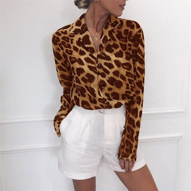 Chiffon Blouse Long Sleeve Sexy Leopard Print Blouse Turn Down Collar Lady Office Shirt Tunic Casual Loose Tops Plus Size Blusas