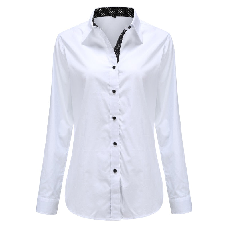 Dioufond Women Long Sleeve Shirt Fashion Clothes White Black Slim Patchwork Dot Cotton Blouse Office Ladies Plus Size Formal Top
