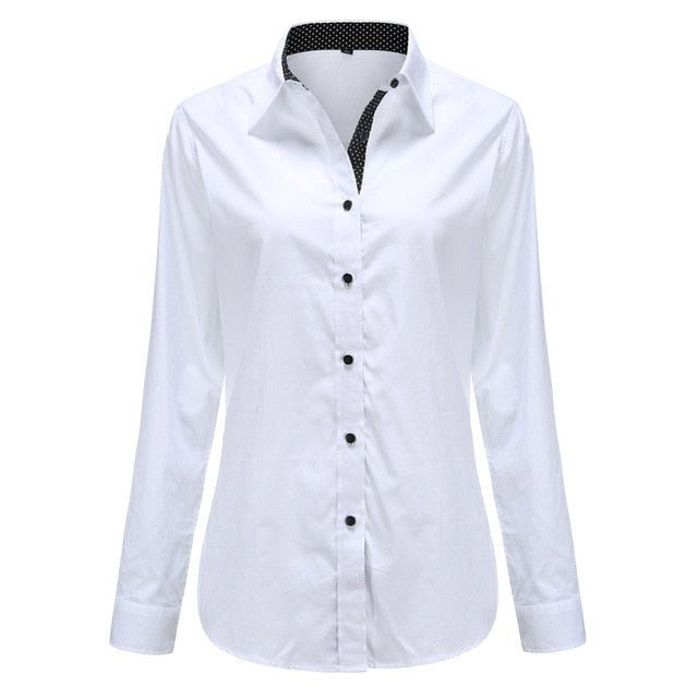 Dioufond Women Long Sleeve Shirt Fashion Clothes White Black Slim Patchwork Dot Cotton Blouse Office Ladies Plus Size Formal Top