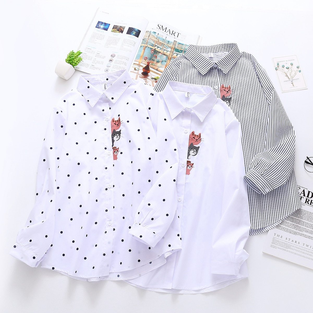 2020 New Women Floral Embroidery Long Sleeve White Striped Shirt Button Up Blouse Turn Down Collar Tops Feminina Blusas T9D627T