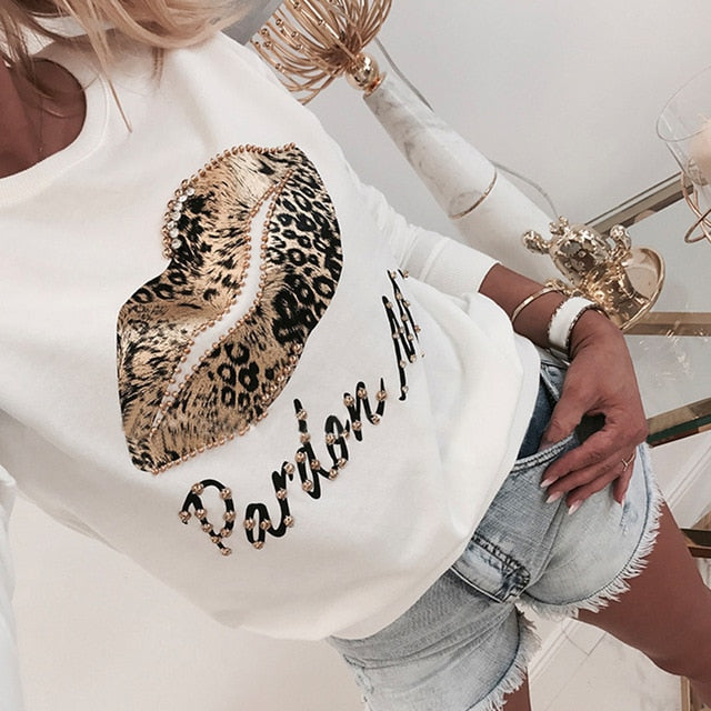 Long Sleeve Women Blouse And Tops Shirt Autumn Lips Letter Printed White Ladies Blouse For Female Tops Shirt O Neck Beading D30