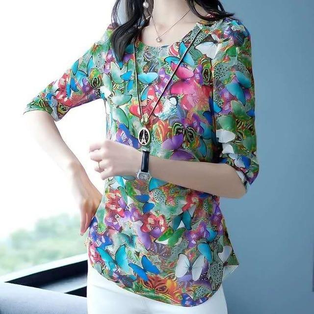 Plus size Tops Chiffon Blouse Women Short sleeve Tunic Summer Butterfly O neck Long Shirt Ladies Clothes Casual