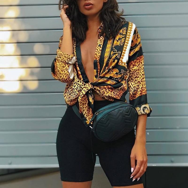 2020 Spring Women Elegant Party Loose Button Shirt Turn-down Collar Female Leopard Print Knot Front Long Sleeve Blouse