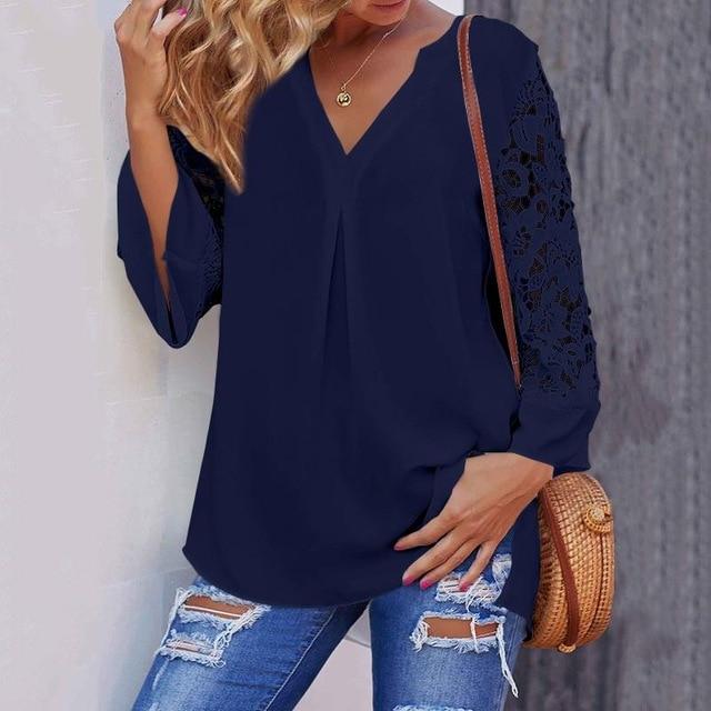 Celmia Summer Women White Blouse V neck Lace Shirts 3/4 Sleeve Sexy Hollow Out Tunic Tops Casual Loose Solid Office Blusas S-5XL