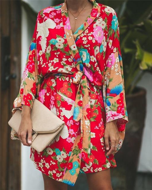 2020 Autumn Summer Women Long Sleeve Bohemian Floral Casual Loose Long Blouse Kimono Long Cardigan Flare Sleeve Print Thin Shirt
