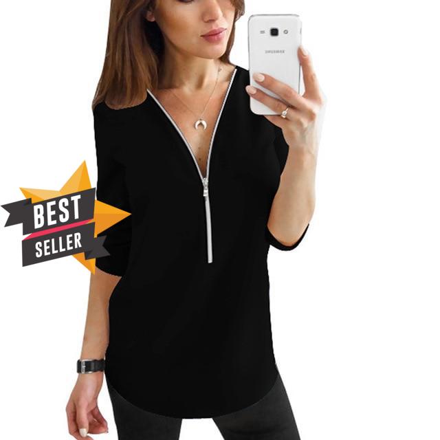 2019 Summer V Neck Zipper Roll Up Long Sleeves Loose Shirt Women Spring Summer Chiffon Blouse Top Blusa Feminina Plus Size 5XL