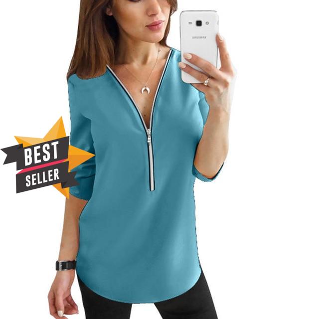 2019 Summer V Neck Zipper Roll Up Long Sleeves Loose Shirt Women Spring Summer Chiffon Blouse Top Blusa Feminina Plus Size 5XL