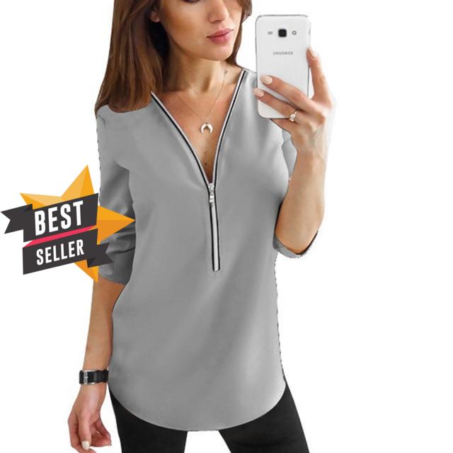 2019 Summer V Neck Zipper Roll Up Long Sleeves Loose Shirt Women Spring Summer Chiffon Blouse Top Blusa Feminina Plus Size 5XL