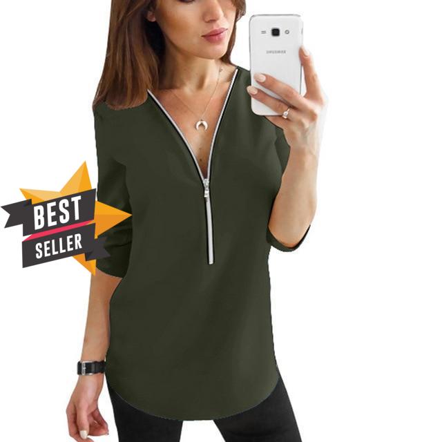 2019 Summer V Neck Zipper Roll Up Long Sleeves Loose Shirt Women Spring Summer Chiffon Blouse Top Blusa Feminina Plus Size 5XL