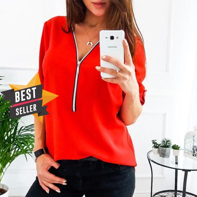 2019 Summer V Neck Zipper Roll Up Long Sleeves Loose Shirt Women Spring Summer Chiffon Blouse Top Blusa Feminina Plus Size 5XL