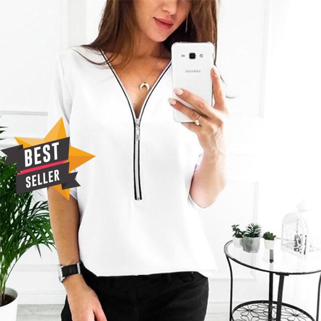 2019 Summer V Neck Zipper Roll Up Long Sleeves Loose Shirt Women Spring Summer Chiffon Blouse Top Blusa Feminina Plus Size 5XL