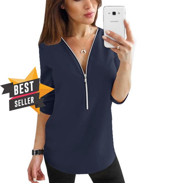 2019 Summer V Neck Zipper Roll Up Long Sleeves Loose Shirt Women Spring Summer Chiffon Blouse Top Blusa Feminina Plus Size 5XL