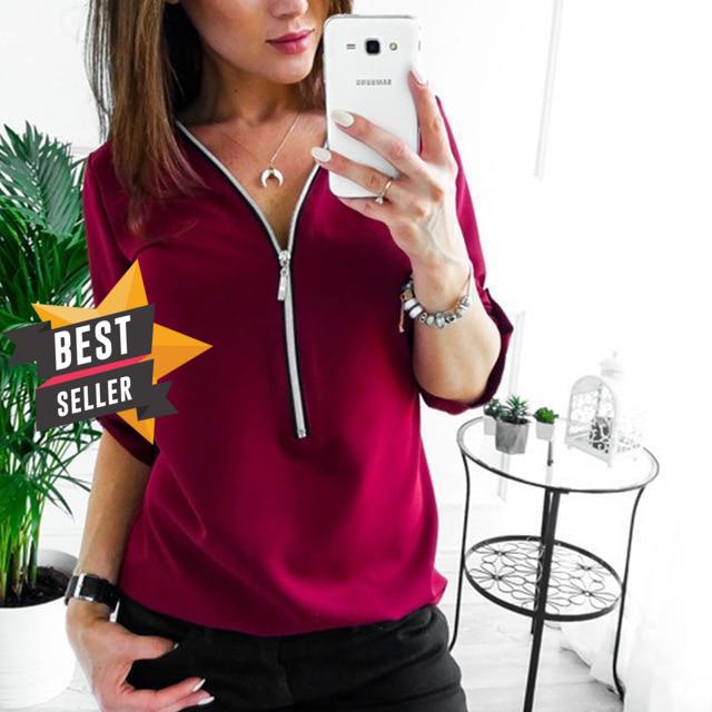 2019 Summer V Neck Zipper Roll Up Long Sleeves Loose Shirt Women Spring Summer Chiffon Blouse Top Blusa Feminina Plus Size 5XL