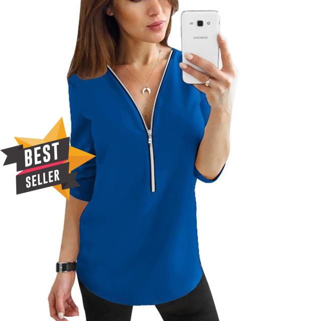 2019 Summer V Neck Zipper Roll Up Long Sleeves Loose Shirt Women Spring Summer Chiffon Blouse Top Blusa Feminina Plus Size 5XL