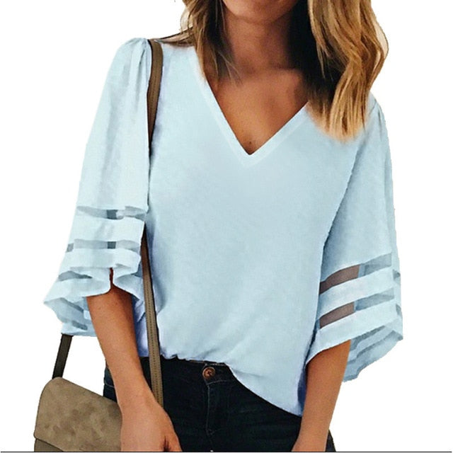 Gentillove 2019 Women V Neck Flared Sleeves Blouse Female Shirt Casual Loose Mesh Patchwork Shirts Plus Size Tops Femme blusas