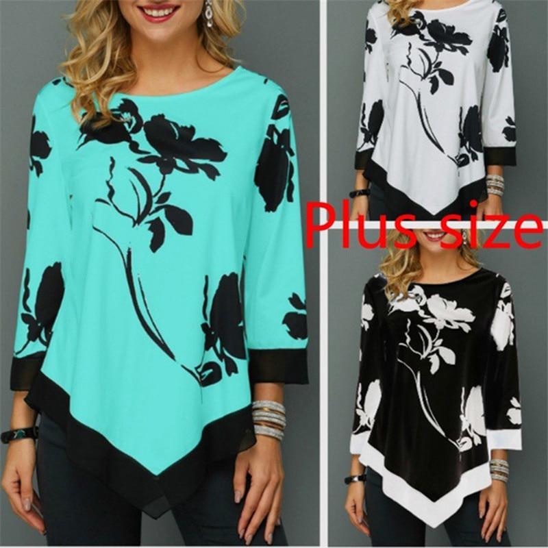 4XL Plus Size Women Blouses 2019 Autumn Tops Casual Long Sleeve Print Lace Patchwork Shirt Lady Irregular Blouse Large Size 5XL