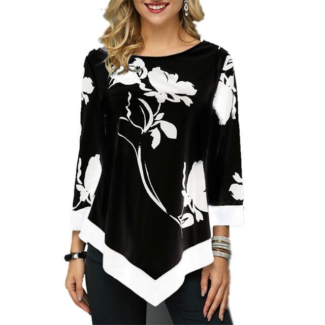 4XL Plus Size Women Blouses 2019 Autumn Tops Casual Long Sleeve Print Lace Patchwork Shirt Lady Irregular Blouse Large Size 5XL