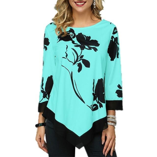 4XL Plus Size Women Blouses 2019 Autumn Tops Casual Long Sleeve Print Lace Patchwork Shirt Lady Irregular Blouse Large Size 5XL