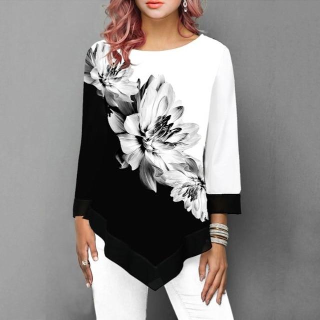 4XL Plus Size Women Blouses 2019 Autumn Tops Casual Long Sleeve Print Lace Patchwork Shirt Lady Irregular Blouse Large Size 5XL