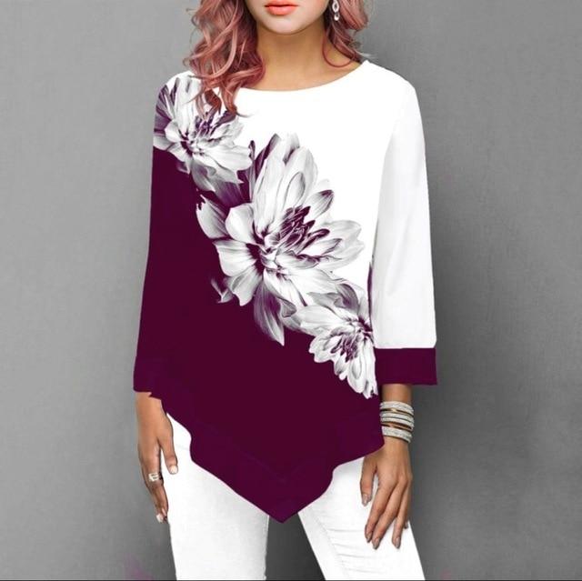 4XL Plus Size Women Blouses 2019 Autumn Tops Casual Long Sleeve Print Lace Patchwork Shirt Lady Irregular Blouse Large Size 5XL