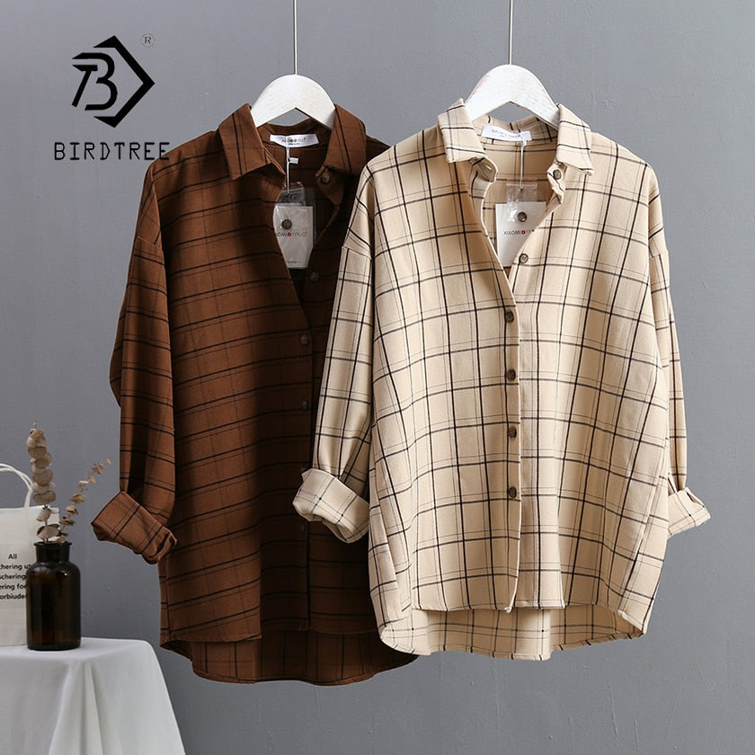 New Arrival Women Plaid Oversize Blouse Batwing Sleeve Front Short Back Long Shirt Turn-Down Collar Casual Top T96601F