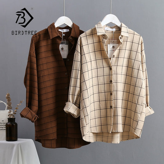 New Arrival Women Plaid Oversize Blouse Batwing Sleeve Front Short Back Long Shirt Turn-Down Collar Casual Top T96601F