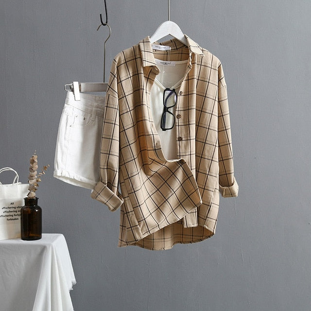 New Arrival Women Plaid Oversize Blouse Batwing Sleeve Front Short Back Long Shirt Turn-Down Collar Casual Top T96601F