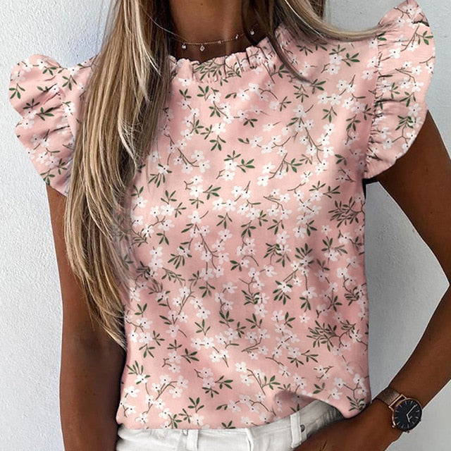 Women Pineapple Floral Print Ruffle Blouse 2020 Summer Butterfly Sleeve Shirt Elegant Office Lady O-Neck Tops Blusa Streetwear