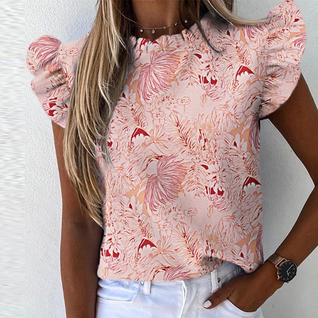 Women Pineapple Floral Print Ruffle Blouse 2020 Summer Butterfly Sleeve Shirt Elegant Office Lady O-Neck Tops Blusa Streetwear