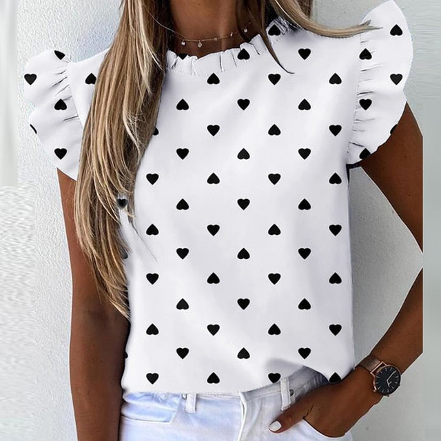 Women Pineapple Floral Print Ruffle Blouse 2020 Summer Butterfly Sleeve Shirt Elegant Office Lady O-Neck Tops Blusa Streetwear