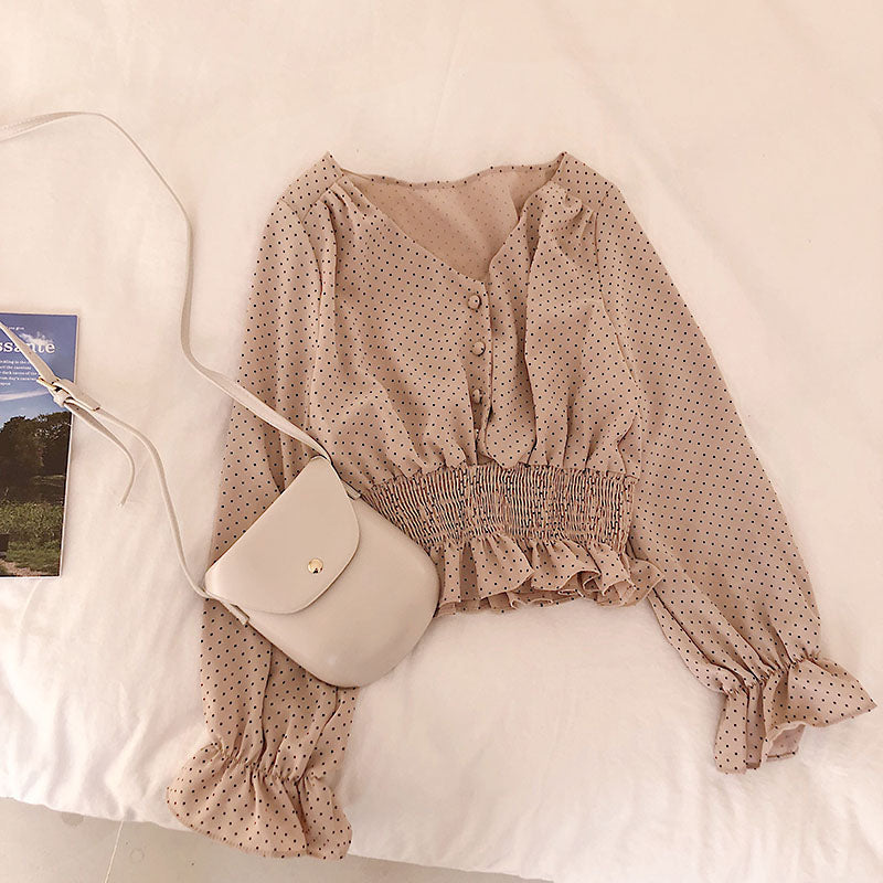 Vintage V-neck Flare Sleeve Polka Dot Women Blouse Shirts Elegant Front Buttons Slim Waist Ruffles Female Blouse blusas 2020