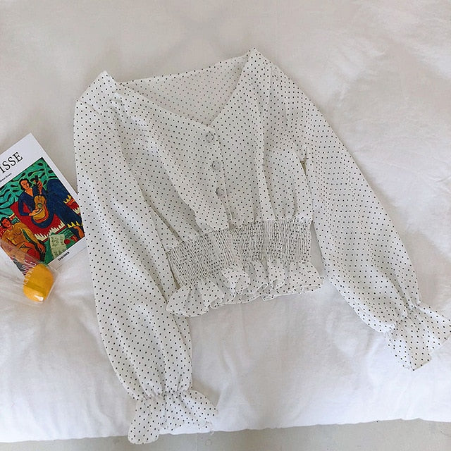 Vintage V-neck Flare Sleeve Polka Dot Women Blouse Shirts Elegant Front Buttons Slim Waist Ruffles Female Blouse blusas 2020