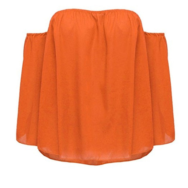 Stylish Women Off Shoulder Casual Blouse Shirt Tops Strapless Pure Color Bell Puff Sleeve Tops