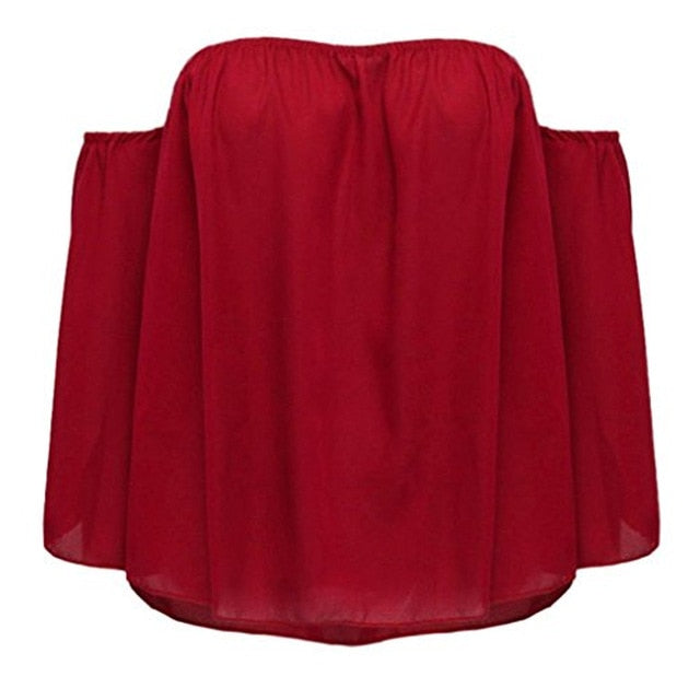 Stylish Women Off Shoulder Casual Blouse Shirt Tops Strapless Pure Color Bell Puff Sleeve Tops