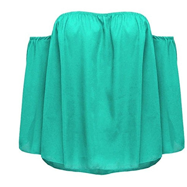 Stylish Women Off Shoulder Casual Blouse Shirt Tops Strapless Pure Color Bell Puff Sleeve Tops
