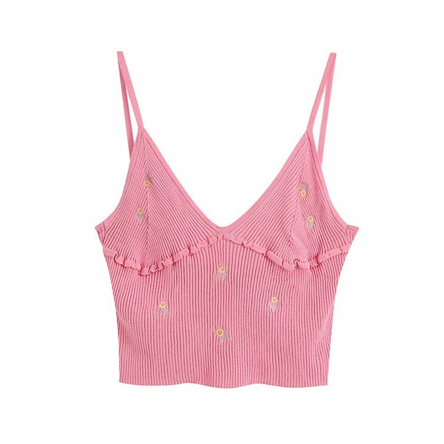 KPYTOMOA Women 2020 Sweet Fashion Floral Embroidery Cropped Knitted Blouses Vintage Backless Thin Straps Female Shirts Chic Tops