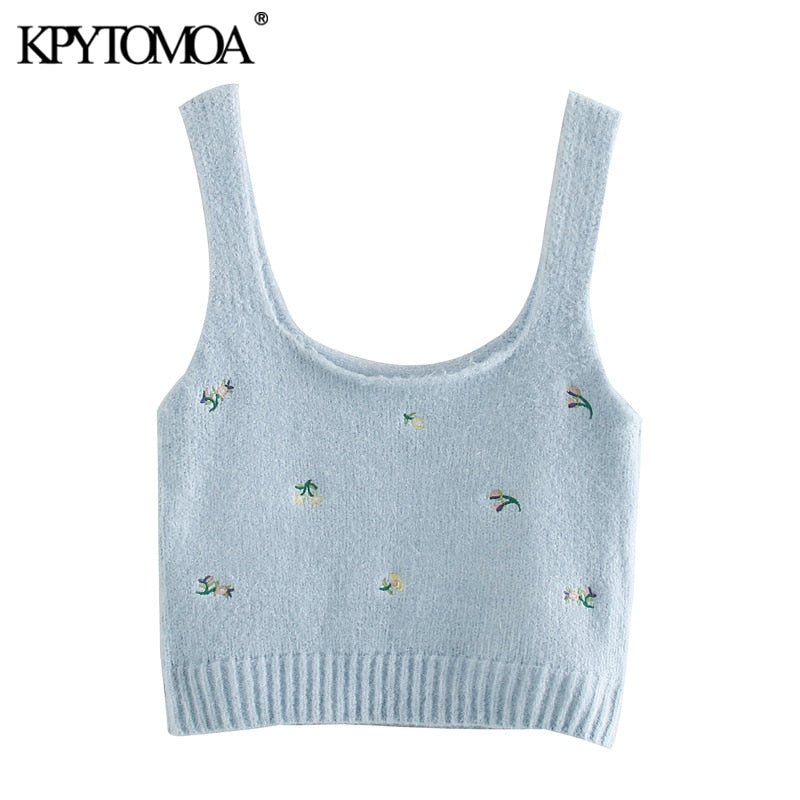 KPYTOMOA Women 2020 Fashion Floral Embroidered Cropped Knitted Blouses Vintage Sleeveless Straps Female Shirts Blusas Chic Tops