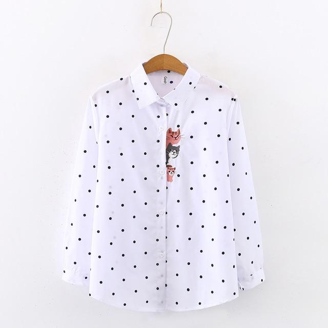 New Arrival Women Cat Embroidery White Shirt Turn-down Collar Long Sleeve Button Up Blouse Cute Girls Top Feminina Blusas T9D401
