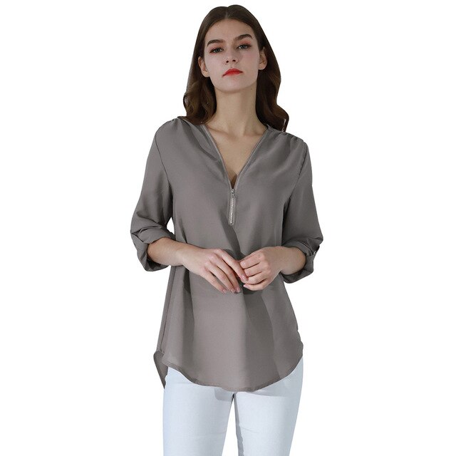 YMING Fashion Ladies Top Zipper Chiffon Top Office Casual Ladies Top Summer Ladies Top Long Sleeve Shirt Solid Color Blusas