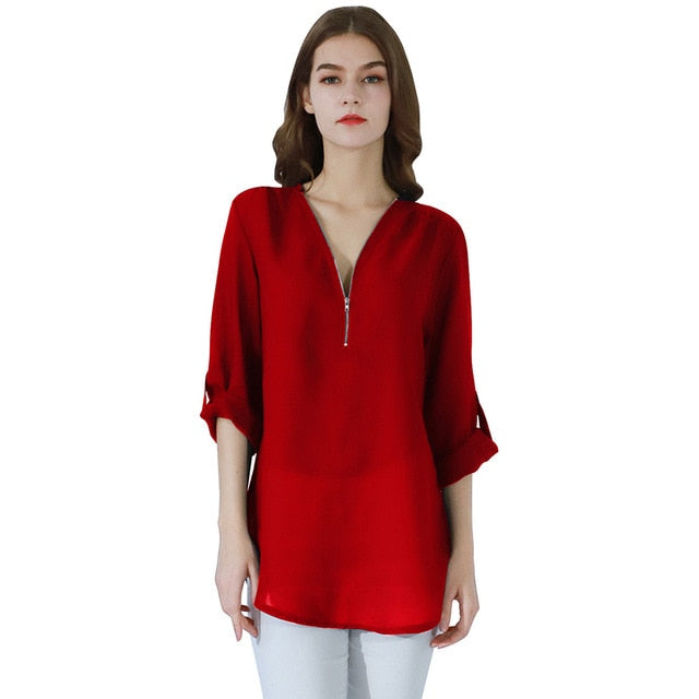 YMING Fashion Ladies Top Zipper Chiffon Top Office Casual Ladies Top Summer Ladies Top Long Sleeve Shirt Solid Color Blusas