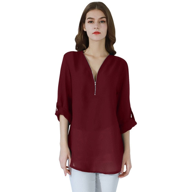 YMING Fashion Ladies Top Zipper Chiffon Top Office Casual Ladies Top Summer Ladies Top Long Sleeve Shirt Solid Color Blusas