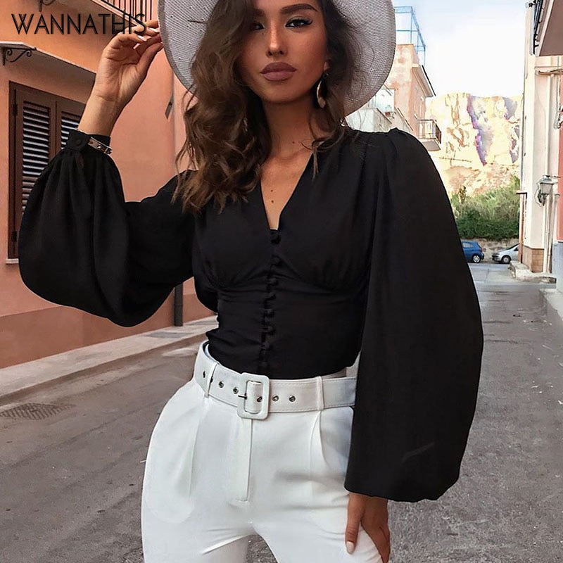 WannaThis Blouses Woman 2019 Sexy Deep V-Neck Black Button Lantern Long Sleeve Slim Fashion Autumn New Elegant Lady Shirt Top