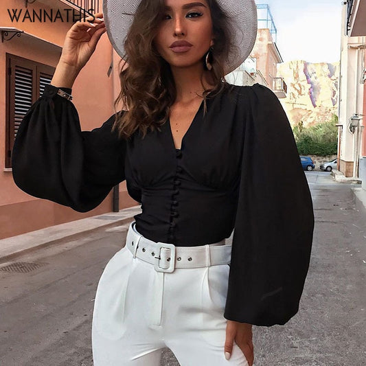 WannaThis Blouses Woman 2019 Sexy Deep V-Neck Black Button Lantern Long Sleeve Slim Fashion Autumn New Elegant Lady Shirt Top