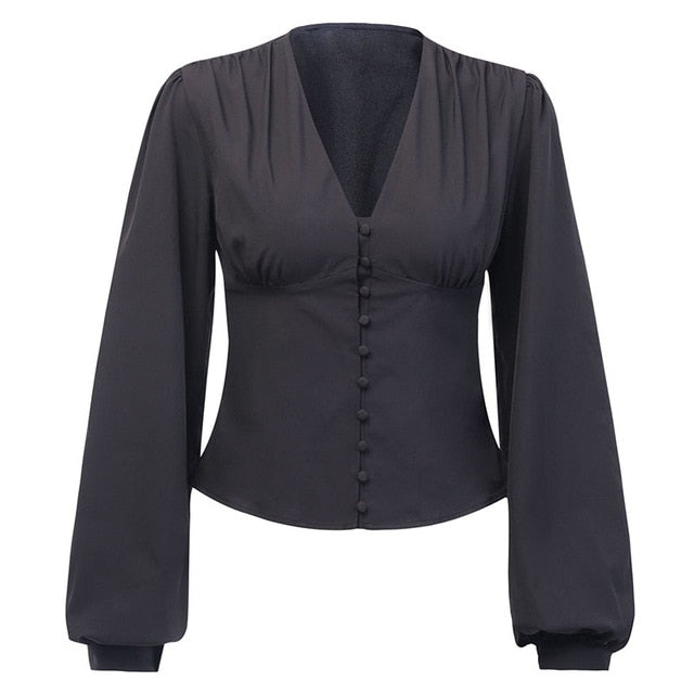 WannaThis Blouses Woman 2019 Sexy Deep V-Neck Black Button Lantern Long Sleeve Slim Fashion Autumn New Elegant Lady Shirt Top