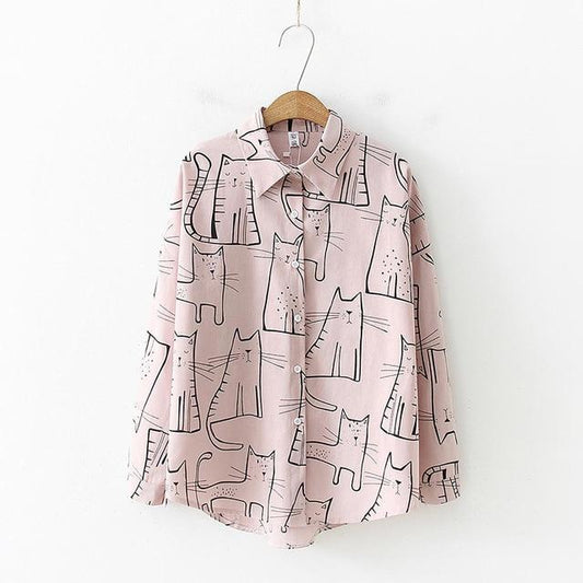 2019 Fashion Cotton Cute Cat Print Loose Casual Ladies Blosues Tops Women Turn Down Collar Long Sleeve Shirt Blouse Shirt Blusa